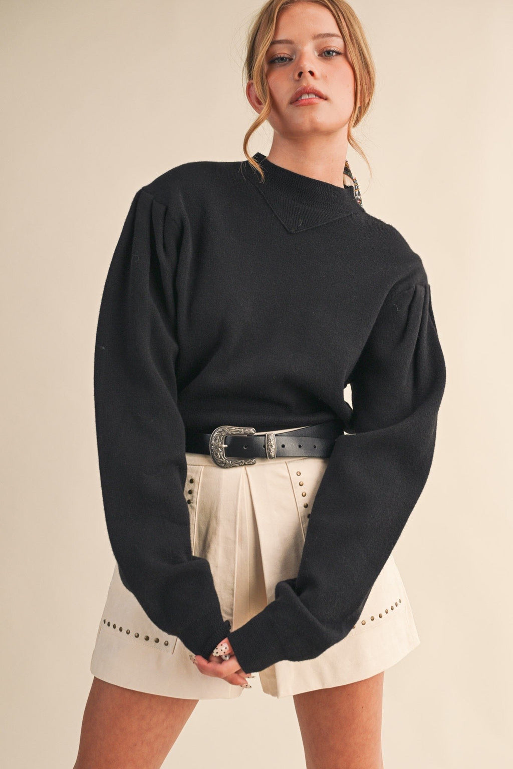 Mock Neck Puff Sleeve Sweater