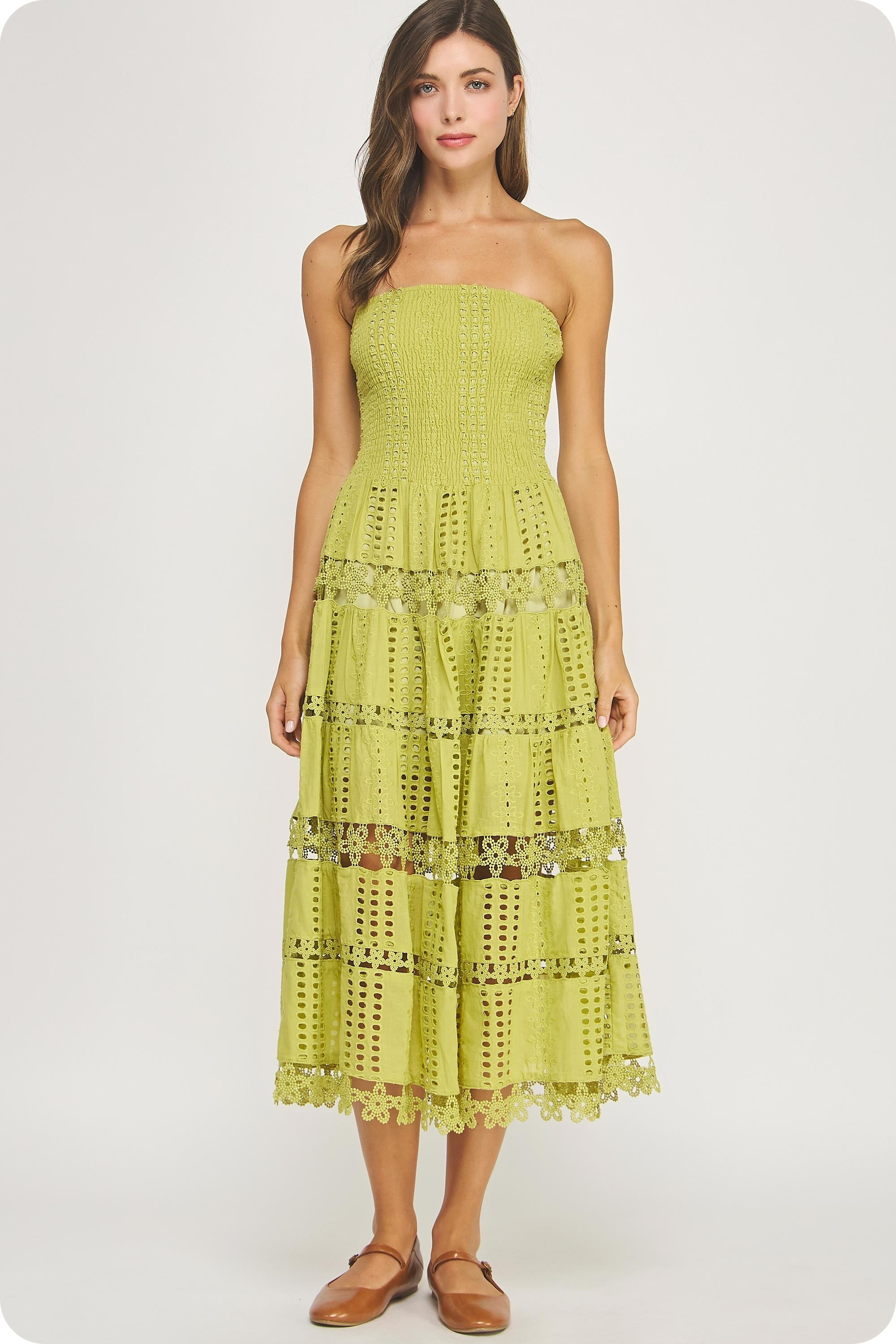 Seraphina Eyelet Tiered Tube Midi Dress