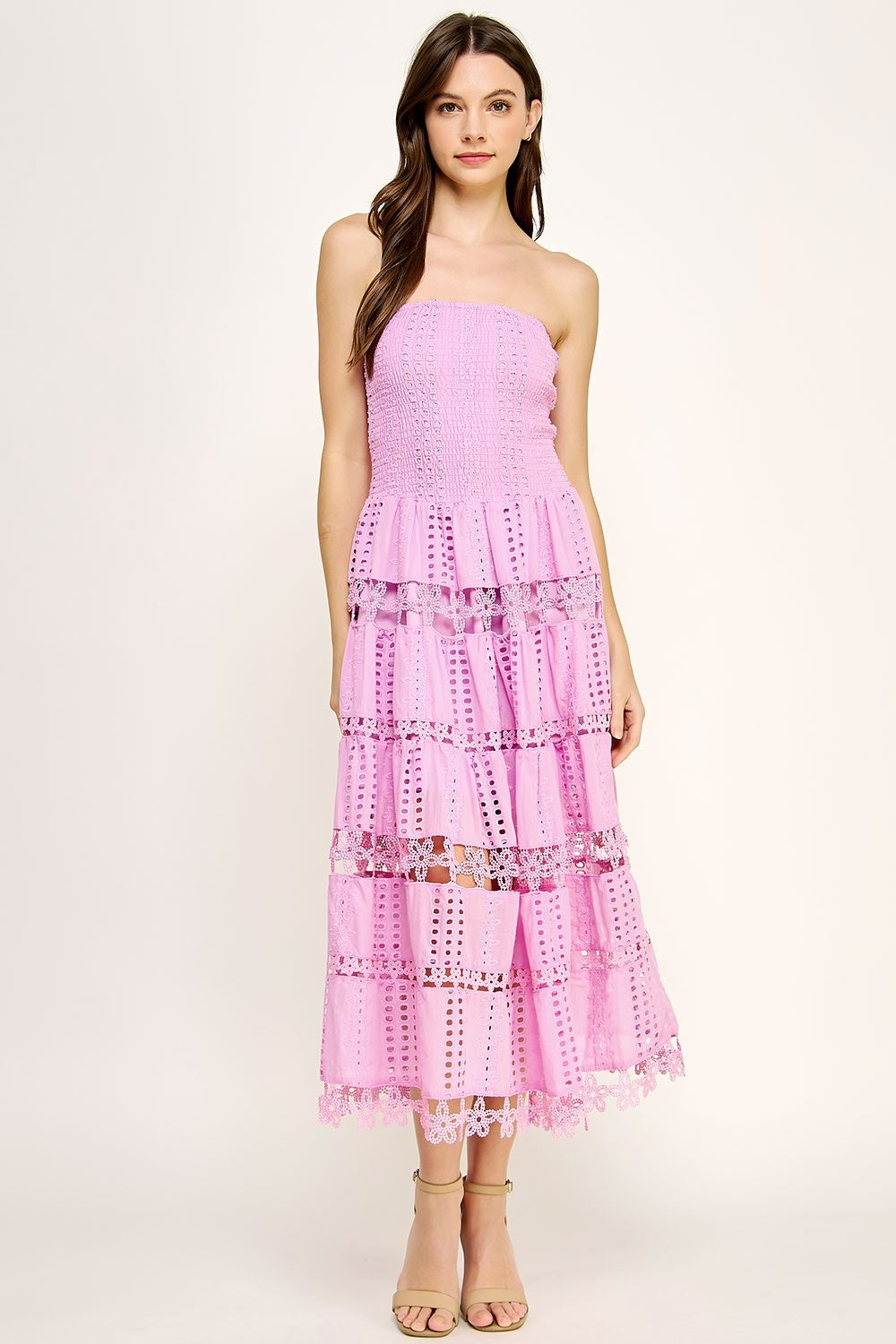 Seraphina Eyelet Tiered Tube Midi Dress