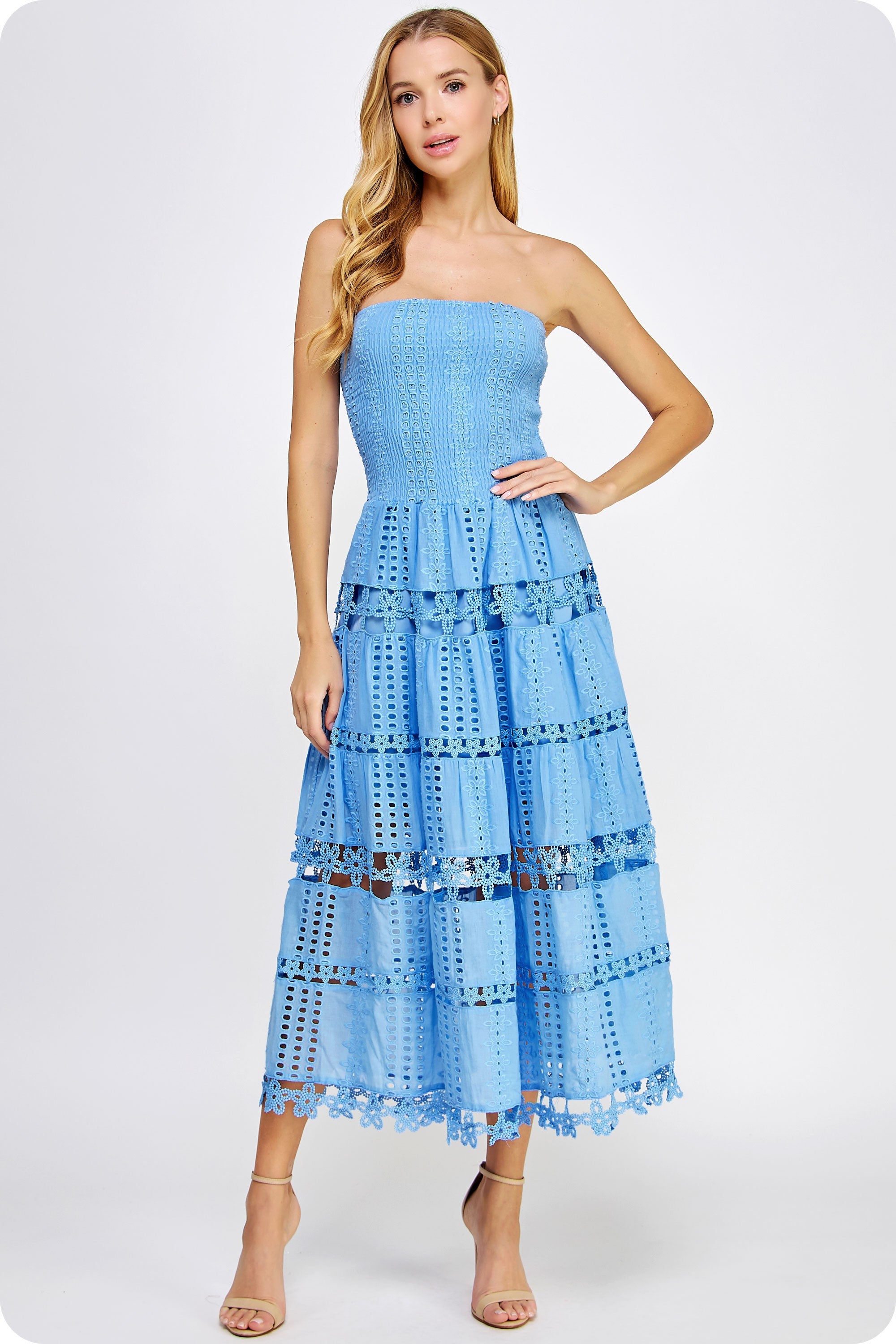 Seraphina Eyelet Tiered Tube Midi Dress