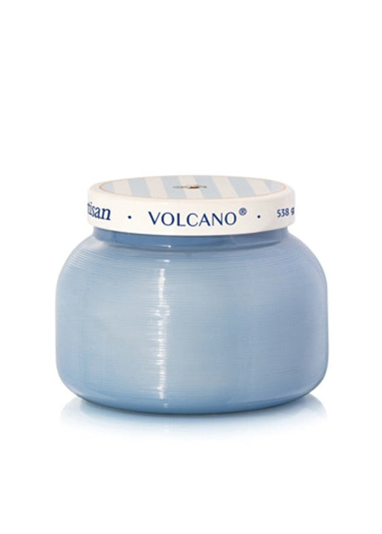 Blue candle with a white lid on a white background