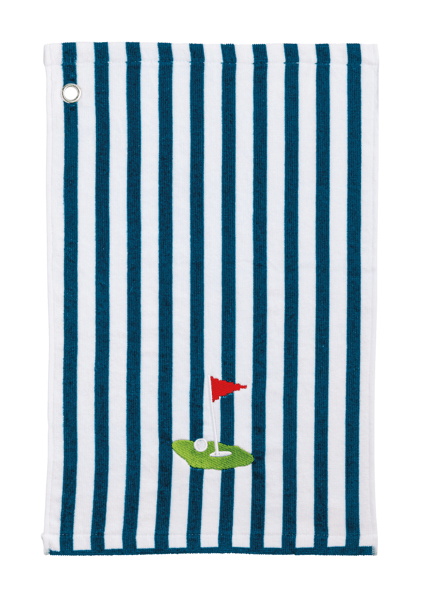 Navy and white striped towel with a golf-themed design on a white background