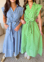 Sleeveless Stripe Tie Waist Midi Dress