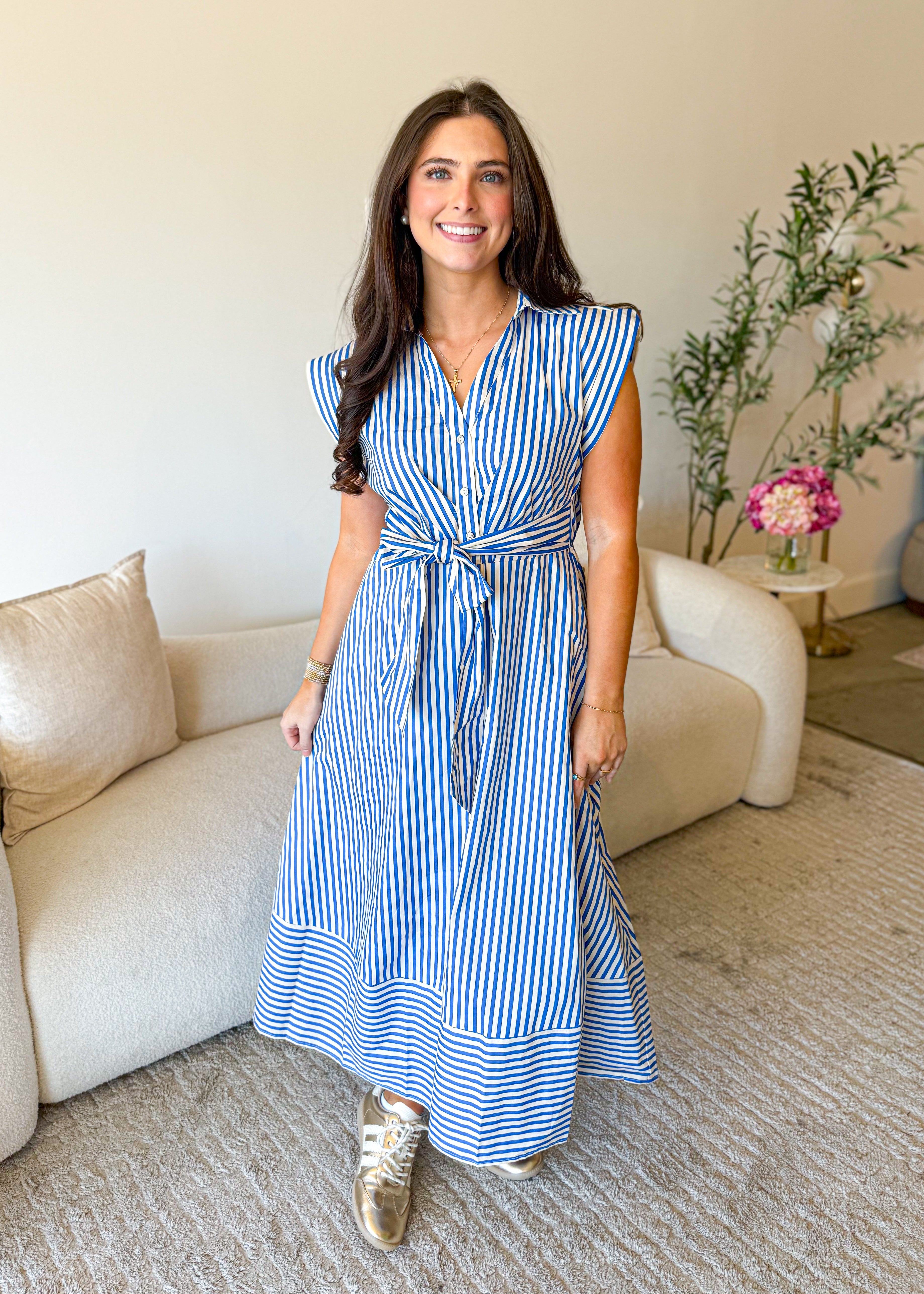 Sleeveless Stripe Tie Waist Midi Dress