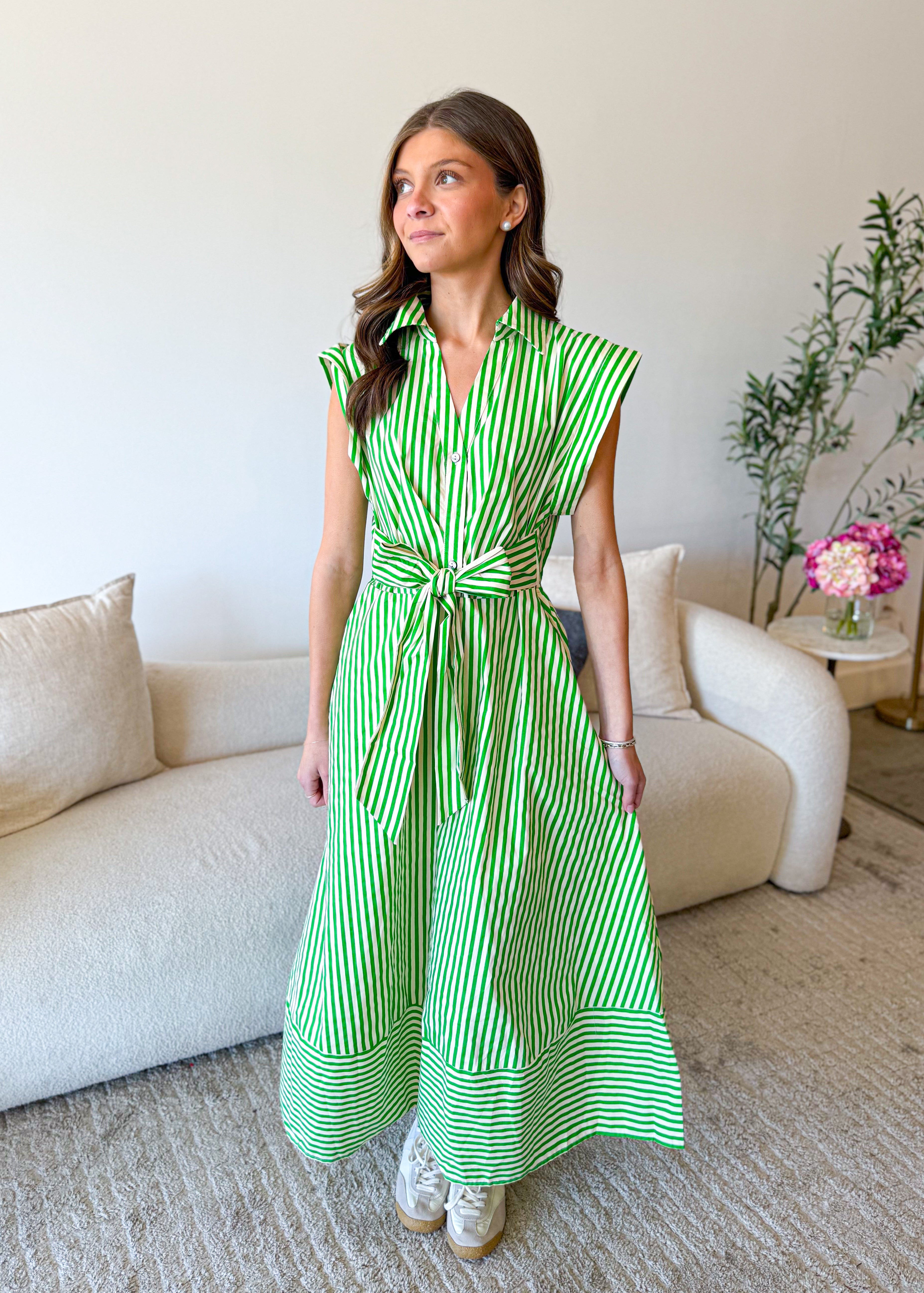Sleeveless Stripe Tie Waist Midi Dress
