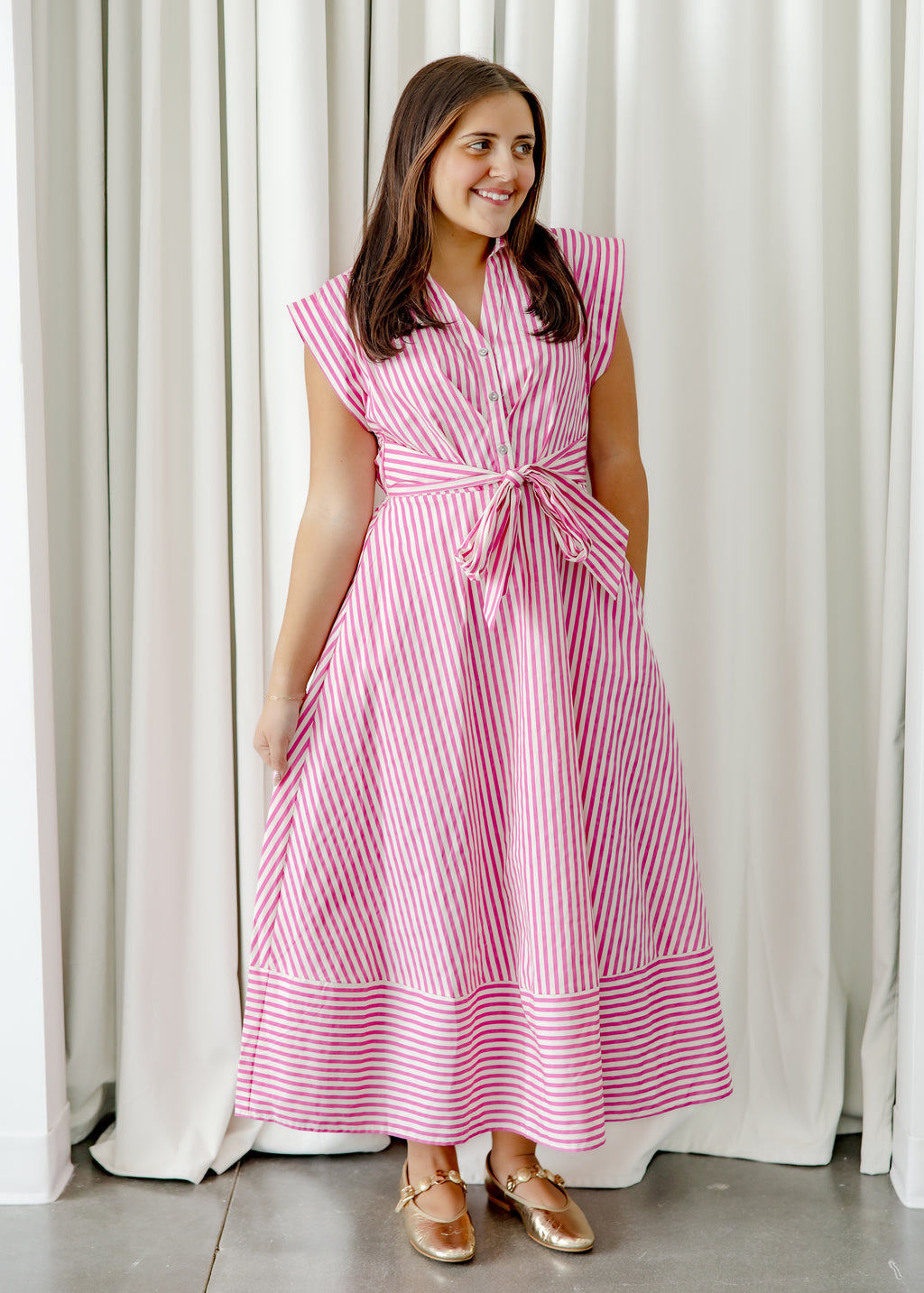 Sleeveless Stripe Tie Waist Midi Dress