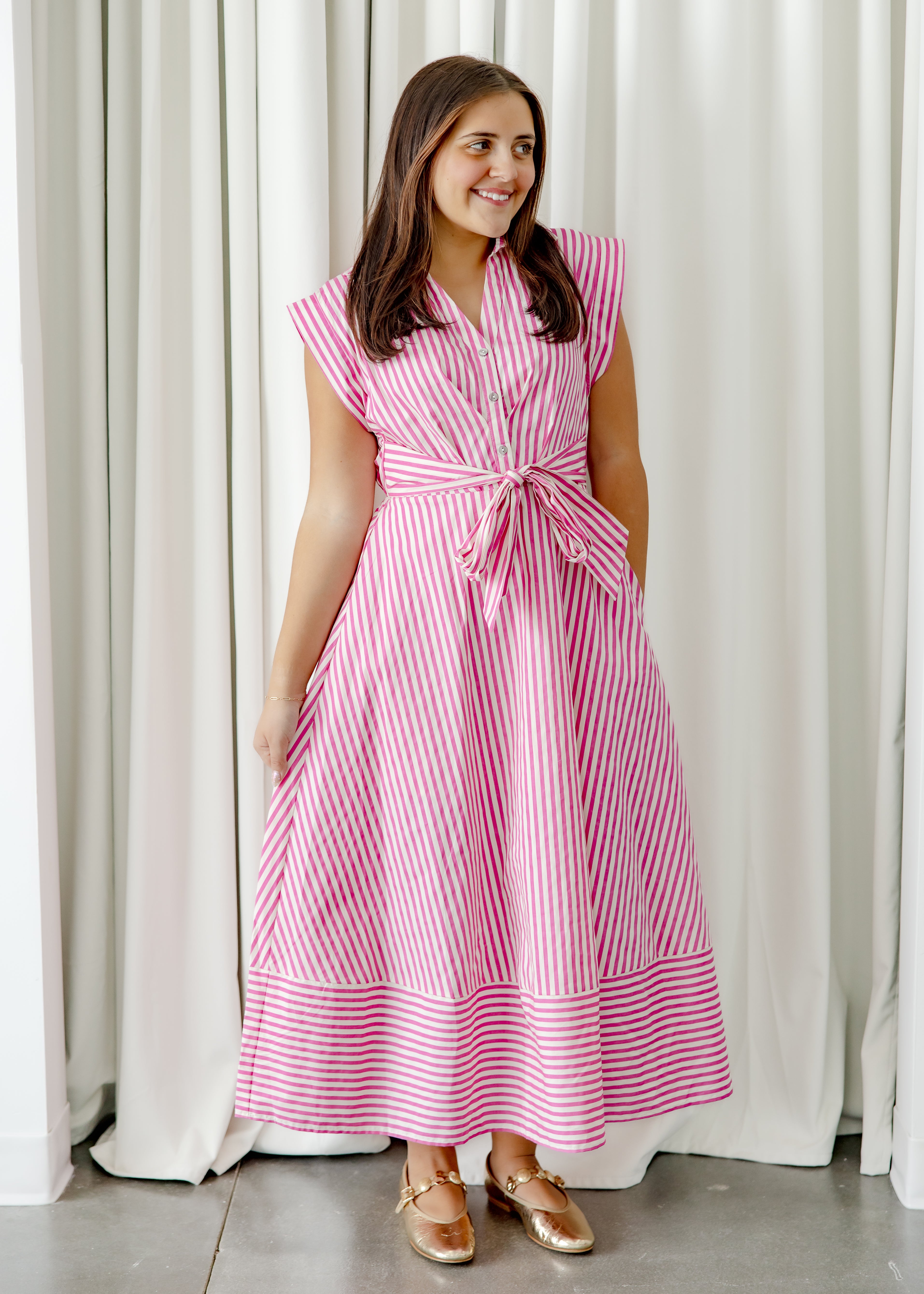 Sleeveless Stripe Tie Waist Midi Dress