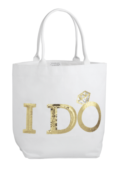 White tote bag with 'I DO' and a diamond ring design on a white background