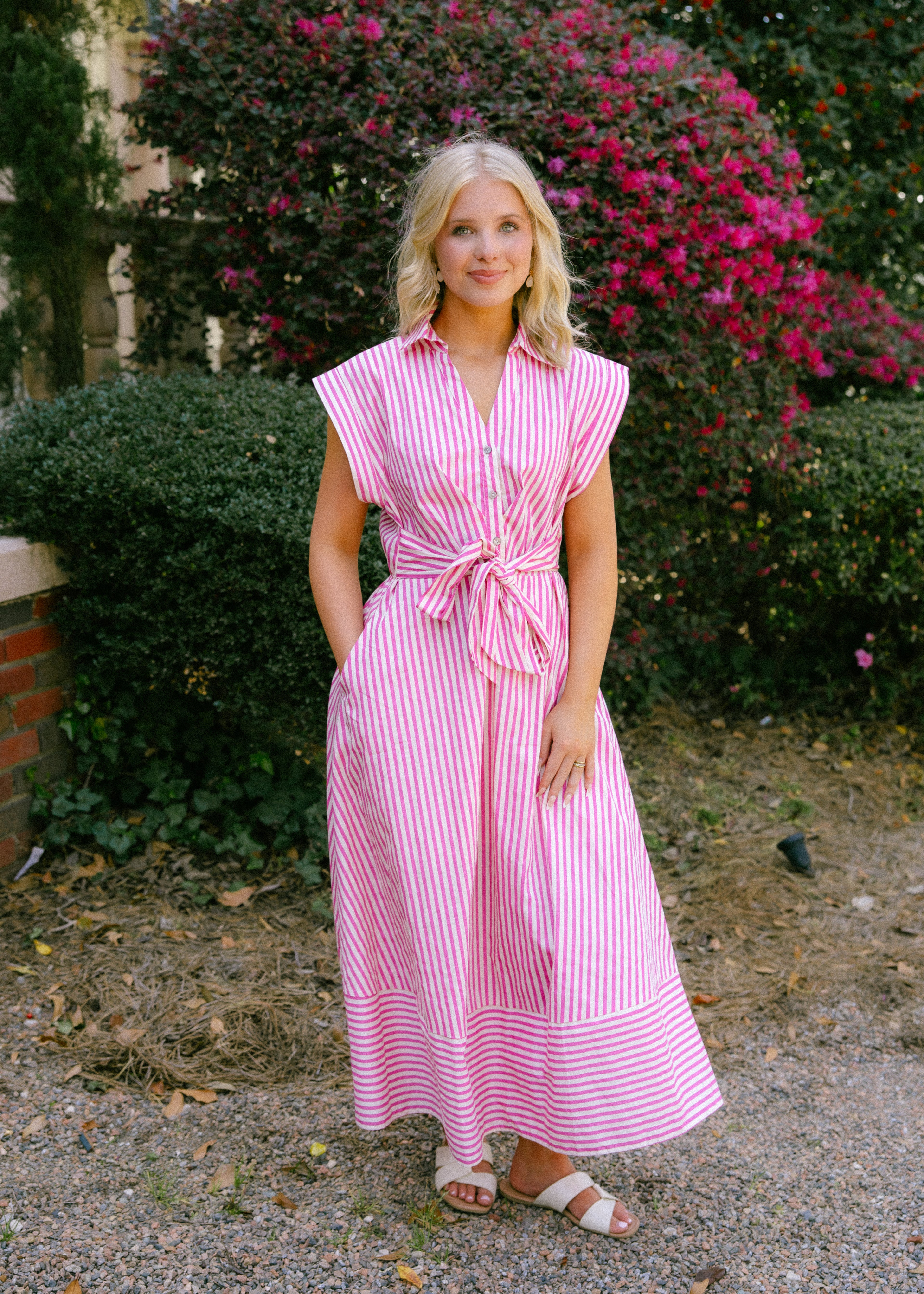 Sleeveless Stripe Tie Waist Midi Dress