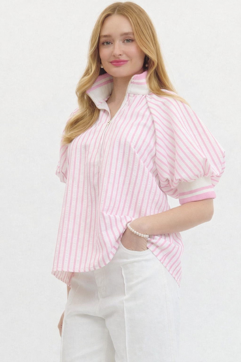 Seersucker High Collar Popover Blouse