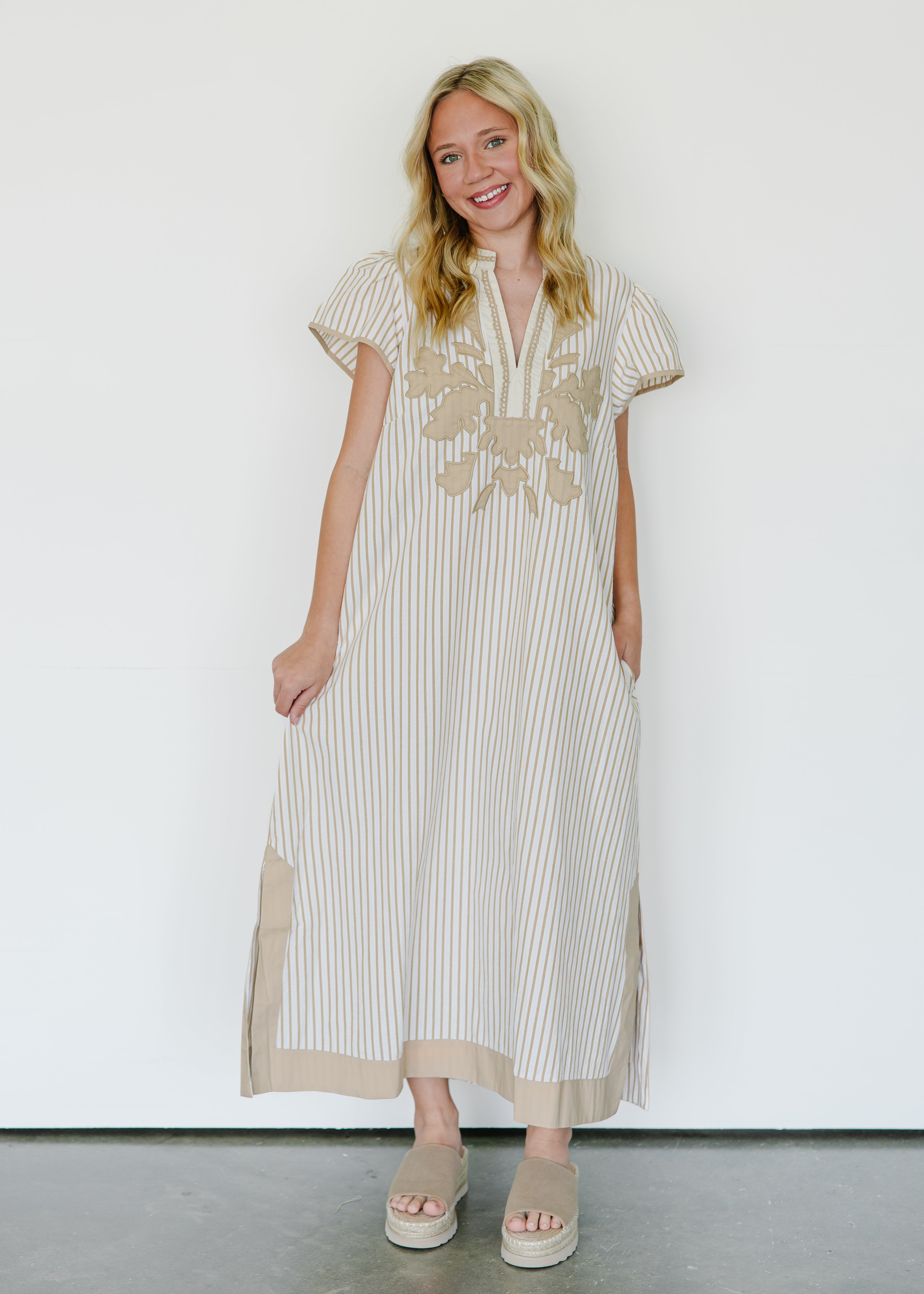 Elara Stripe Embroidered Midi Dress