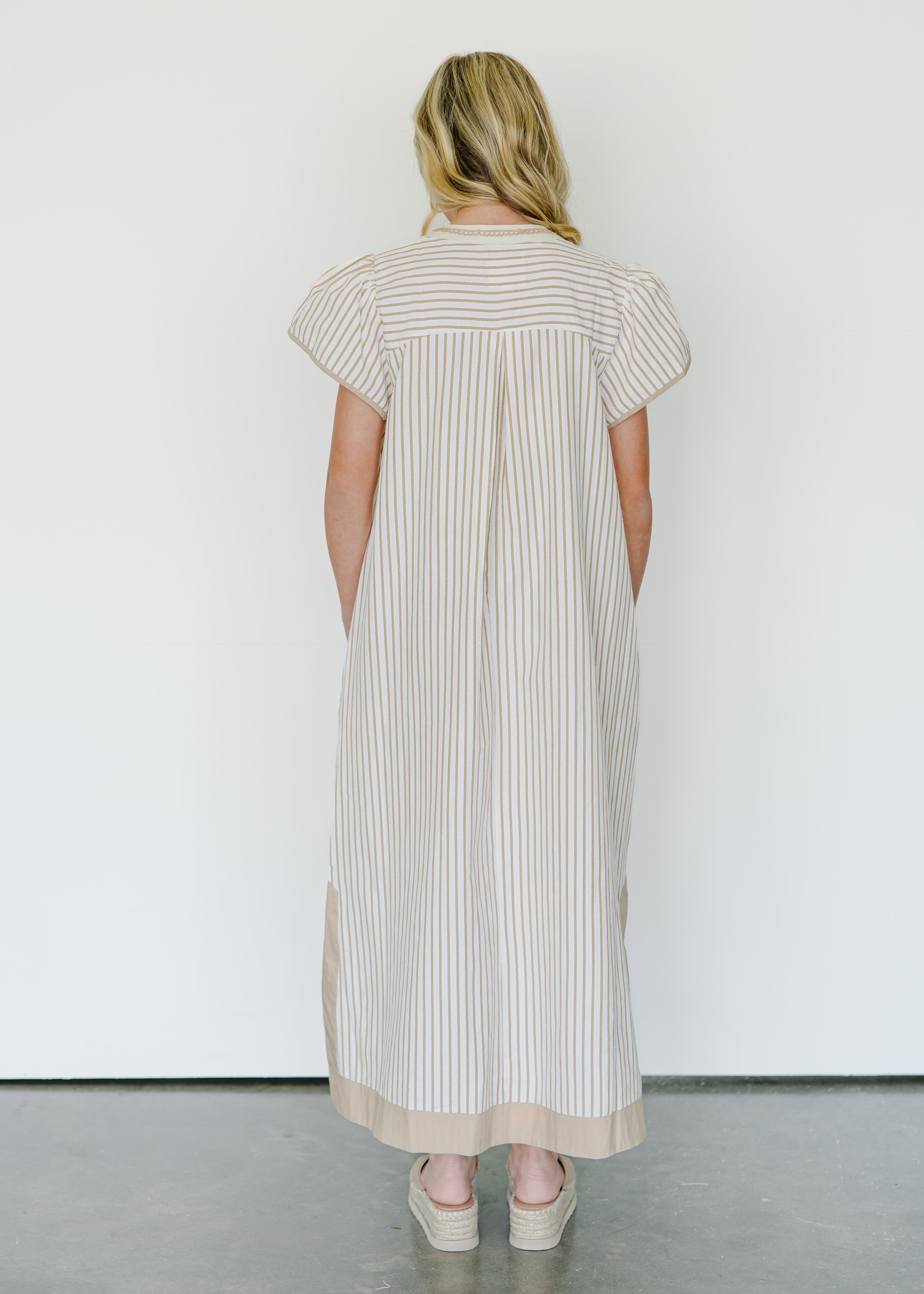 Elara Stripe Embroidered Midi Dress