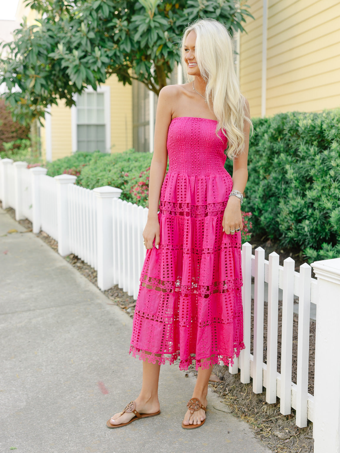 Seraphina Eyelet Tiered Tube Midi Dress