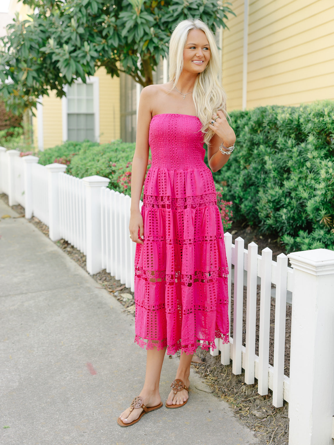 Seraphina Eyelet Tiered Tube Midi Dress