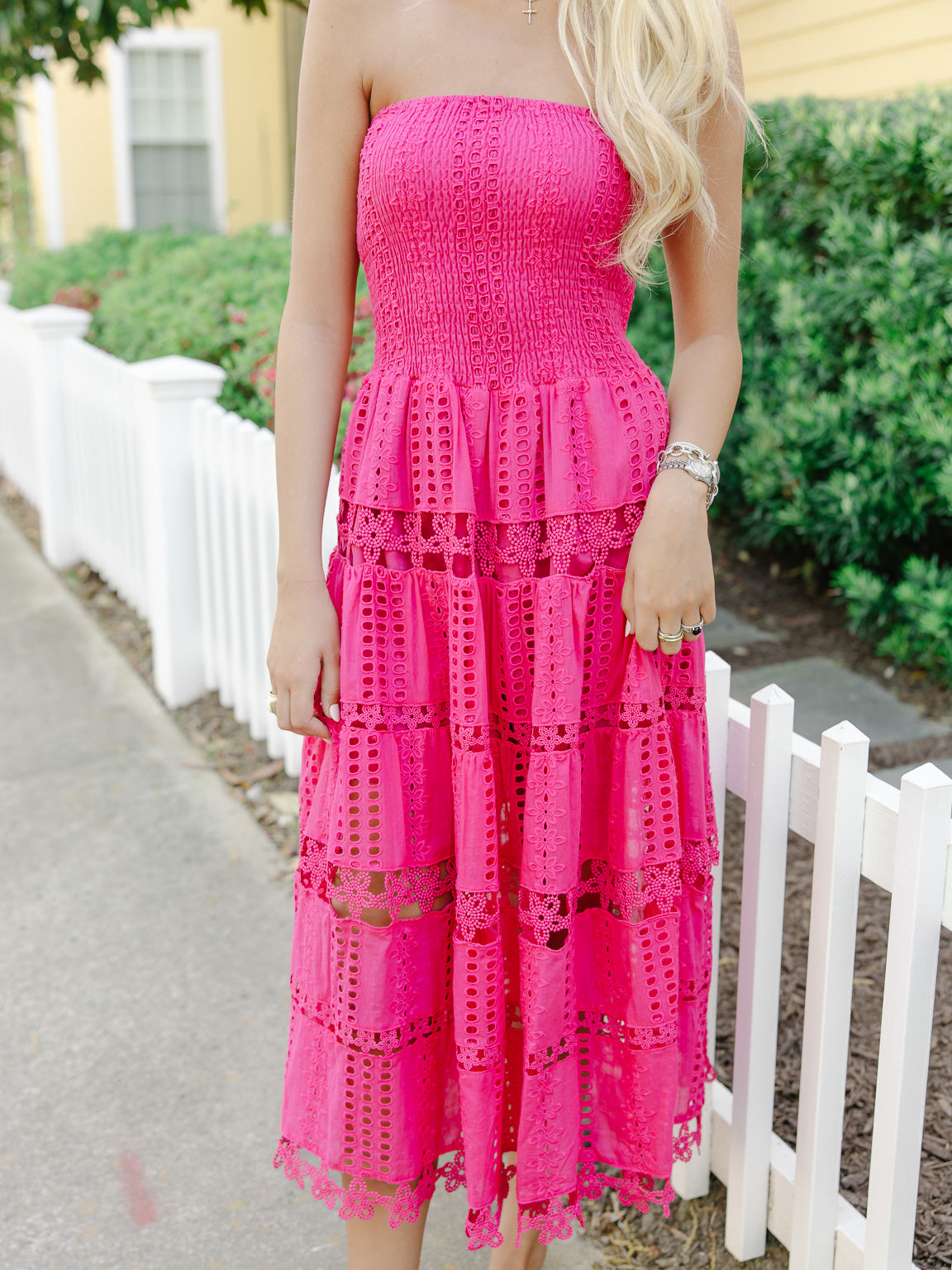 Seraphina Eyelet Tiered Tube Midi Dress