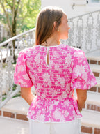 Genevieve Botanical Smocked Peplum Top