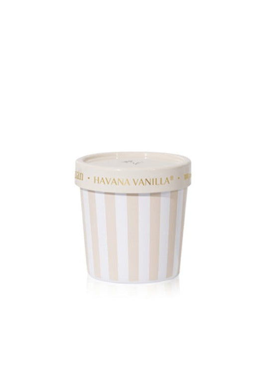 Ice cream container candle with 'Havana Vanilla' text on a white background