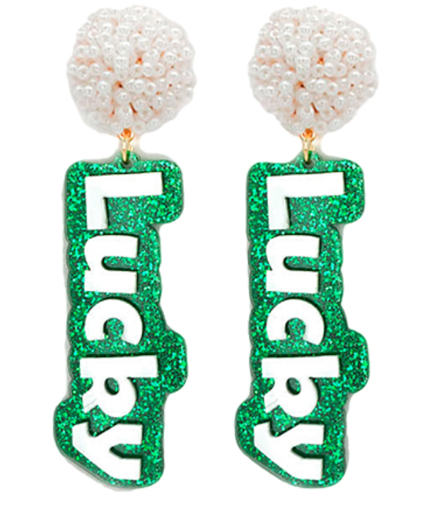 PomPom & LUCKY letter Earrings